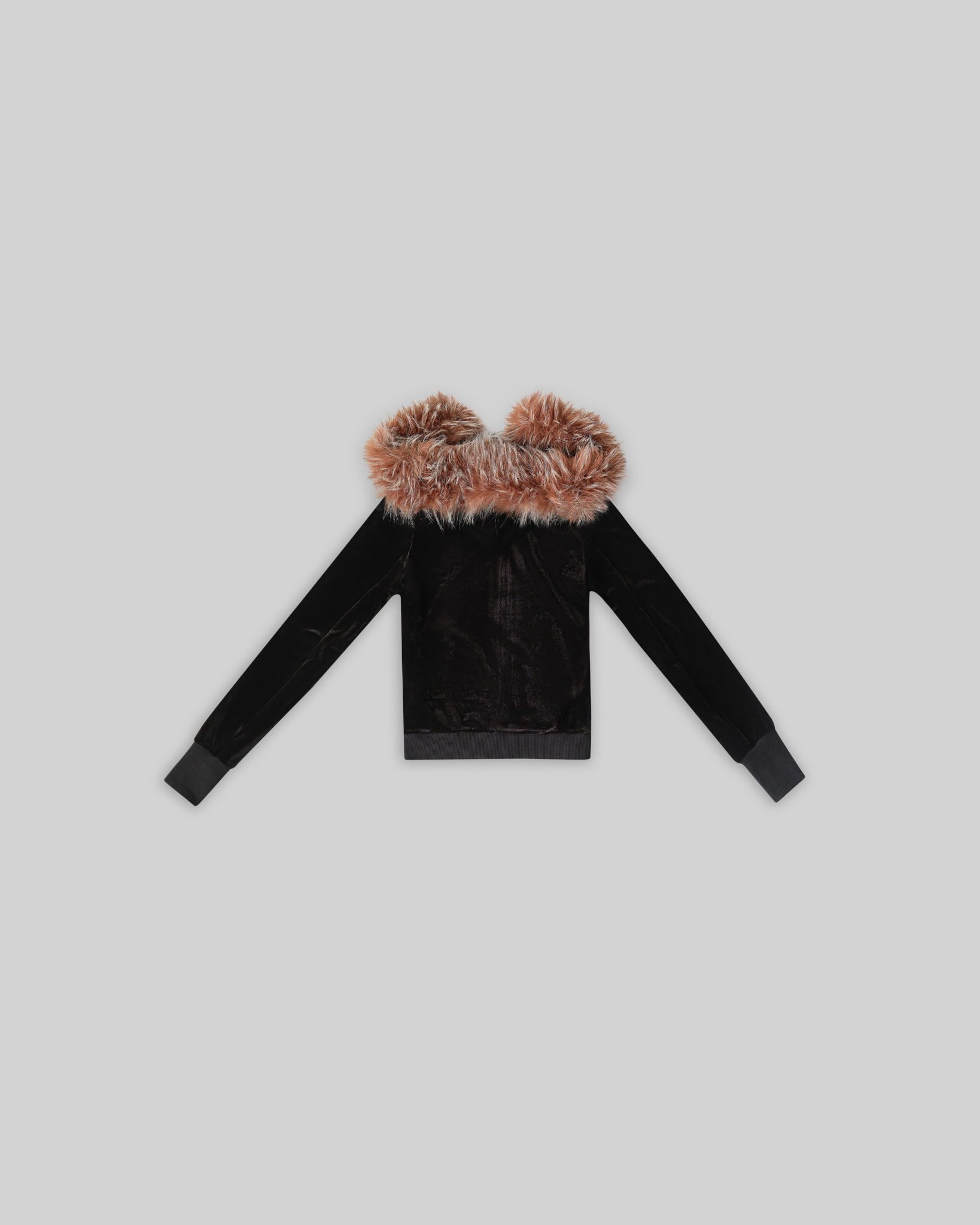 VELOUR PLUSH TRACKSUIT JACKET WITH FUR - BLACK [FINAL SALE]